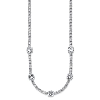 Rhodium Over Sterling Silver Cubic Zirconia Station With Safety Clasp Necklace