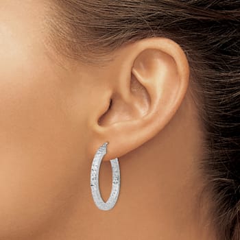 Rhodium Over Sterling Silver Diamond-cut 3x30mm Square Tube Hoop Earrings