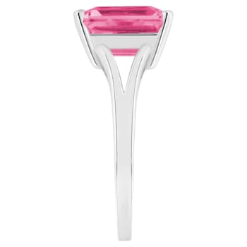 10x8mm Emerald Cut Pink Topaz Rhodium Over Sterling Silver Ring