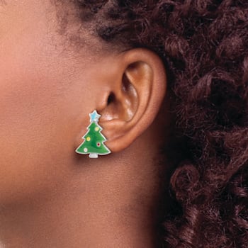 Rhodium Over Sterling Silver Enamel Kids Christmas Tree Post Earrings