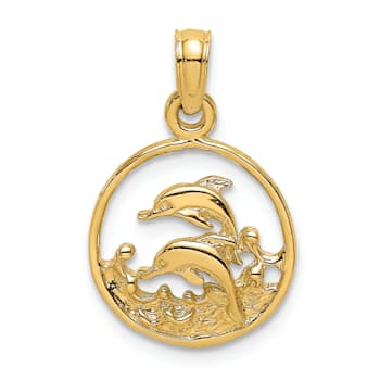 14k Yellow Gold Two Dolphins in Circle Pendant