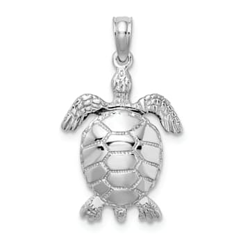 Rhodium Over 14k White Gold 3D Textured Moveable Sea Turtle Pendant