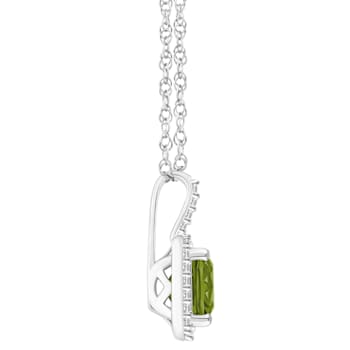 7mm Cushion Peridot 1/6 ctw Diamond Rhodium Over Sterling Silver Halo
Pendant with Chain