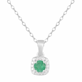 Emerald and Moissanite Sterling Silver Halo Style Pendant With Chain