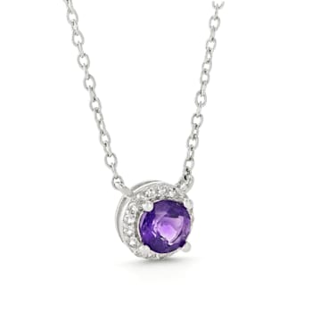 Dark Purple Amethyst with White Topaz Halo Rhodium Over Sterling Silver Necklace