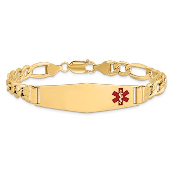 14k Yellow Gold Medical Soft Diamond Shape Red Enamel Figaro Link ID Bracelet