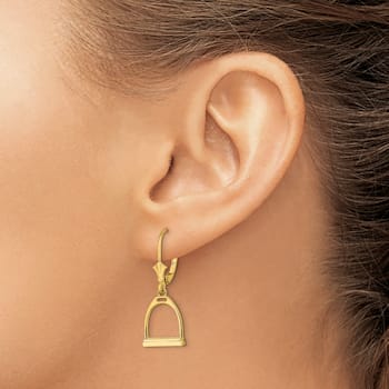 14k Yellow Gold 3D Small Horse Stirrup Dangle Earrings