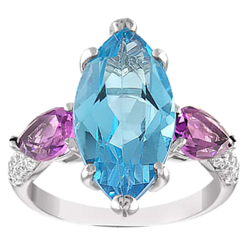 Sterling Silver Swiss Blue Topaz, Amethyst, and Lab White Sapphire Ring