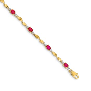 14k Yellow Gold and Rhodium Over 14k Yellow Gold Diamond and Oval Ruby Bracelet