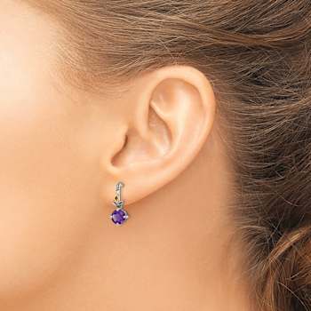 Sterling Silver Antiqued with 14K Accent Leaf Amethyst Dangle Post Earrings