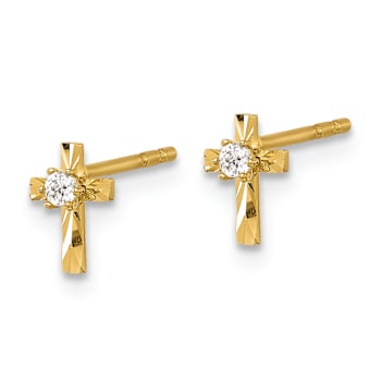 14k Yellow Gold Polished and Diamond-Cut Cubic Zirconia Cross Stud Earrings