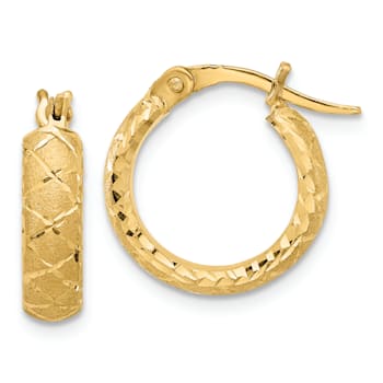 14k Yellow Gold Satin and Diamond-Cut 5/8" Criss Cross Hoop Earrings