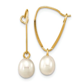 14k Yellow Gold 6-7mm Rice White Freshwater Cultured Pearl Dangle Earrings