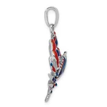 Rhodium Over Sterling Silver Polished Enameled Blue Stone Crab Pendant