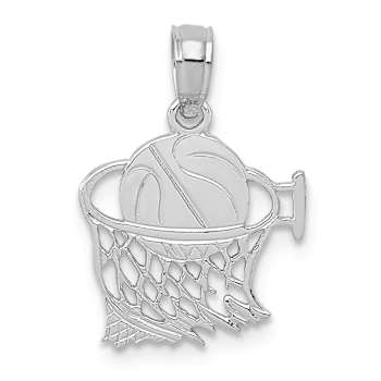 Rhodium Over 14k White Gold Textured Basketball in Net Pendant
