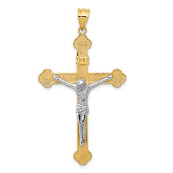 14k Yellow Gold and 14k White Gold Satin Textured Inri Crucifix Pendant