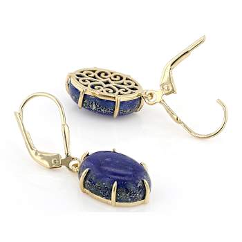 Lapis Lazuli Oval Dangle Earrings In 18K Gold Over Sterling Silver 14x10mm