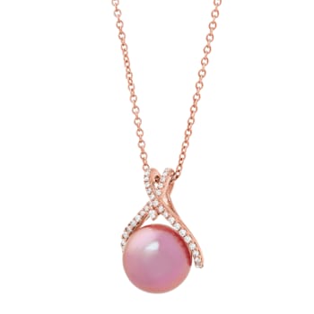 13-14mm Round Pink Freshwater Pearl with Diamond Accents 14K Rose Gold
Pendant with Chain