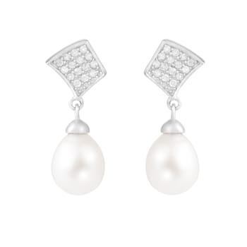 7½-8mm White Cultured Freshwater Pearl and Cubic Zirconia Rhodium Over
Sterling Silver Earrings