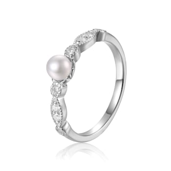 Freshwater Pearl with Moissanite Accents Rhodium Over Sterling Silver Ring