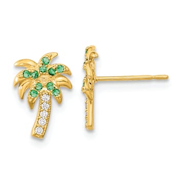 14k Yellow Gold Textured Green and Clear Cubic Zirconia Palm Tree Stud Earrings