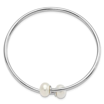 Rhodium Over Sterling Silver 9-10mm White Freshwater Cultured Pearl
Flexible Cuff Bangle