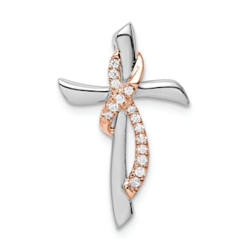 14K White and Rose Gold Cross with Ribbon Diamond Chain Slide