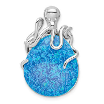 Rhodium Over Sterling Silver Blue Created Opal Octopus Chain Slide Pendant