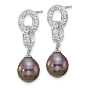 Rhodium Over Sterling Silver 9-10mm Tahitian Pearl/Cubic Zirconia
Necklace and Earring Set