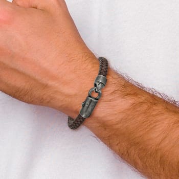 Brown Leather and Stainless Steel Antiqued Grey-plated 8.25-inch Bracelet