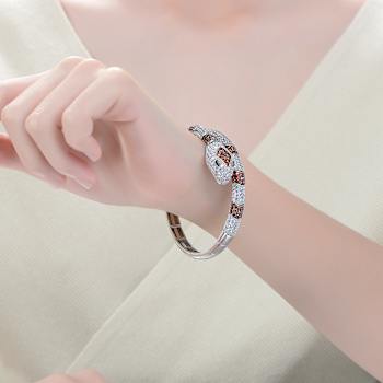 Ruby Color CZ Serpent Cuff Bracelet In Sterling Silver