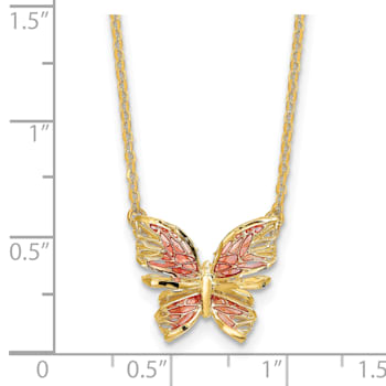 14K Yellow Gold Polished Diamond-cut with Pink Enamel Butterfly Necklace