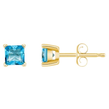 4mm Princess Cut Blue Topaz 14k Yellow Gold Stud Earrings