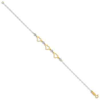 14K Two-tone Oval Link Diamond Cut Beads and Heart Bracelet
