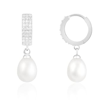 7.5-8mm White Cultured Freshwater Pearl Rhodium Over Sterling Silver Earrings