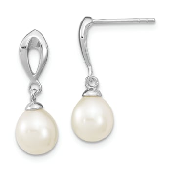 Rhodium Over Sterling Silver 7-8mm White Freshwater Cultured Pearl Post
Dangle Earrings