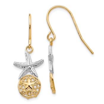 14K Two-tone Gold Textured Starfish with Sand Dollar Dangle Earrings