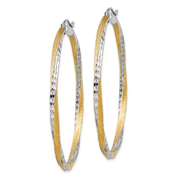 14k Yellow Gold and Rhodium Over 14k Yellow Gold Satin and Diamond-cut 1
3/4" Twisted Hoop Earrings
