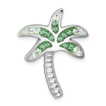 Rhodium Over Sterling Silver Polished Green Crystal Palm Tree Chain Slide