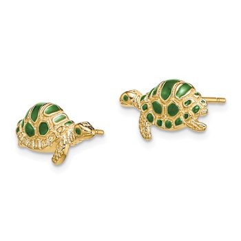 14K Yellow Gold Textured Green Enamel Turtle Stud Earrings