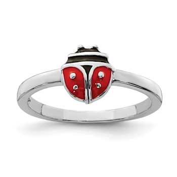 Rhodium Over Sterling Silver Polished and Enameled Ladybug Children's Ring