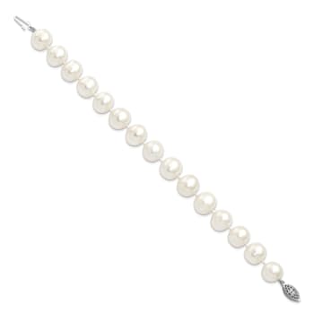 Rhodium Over Sterling Silver 11-12mm White Freshwater Cultured Pearl Bracelet