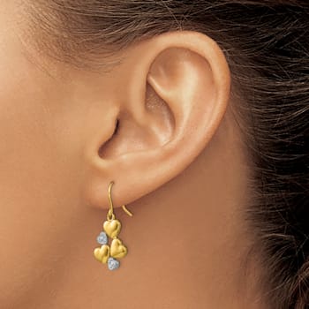 14k Yellow Gold and Rhodium Over 14k Yellow Gold Polished Hearts Dangle Earrings