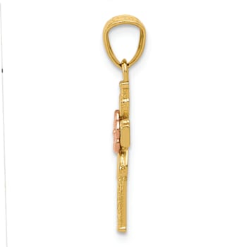 14K Two-tone Gold  Polished, Textured and Diamond-Cut Cross with Flower Pendant