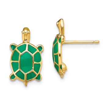 14k Yellow Gold Land Turtle with Green Enameled Shell Stud Earrings