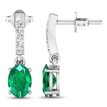 1.12ctw 14K White Gold  Zambian Green Emerald and White Diamond Halo Earrings