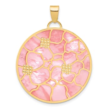 14K Yellow Gold Pink and White MOP Reversible Circle with Flowers Pendant