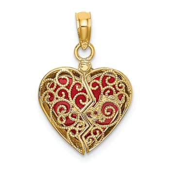 10K Yellow Gold 3D Textured Red Enameled Reversible Openable Heart Charm