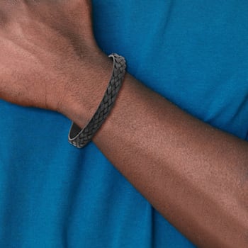 Black Braided Leather and Stainless Steel Antiqued 8.25-inch Bracelet