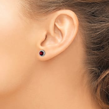 Rhodium Over Sterling Silver Garnet and CZ Post Earrings